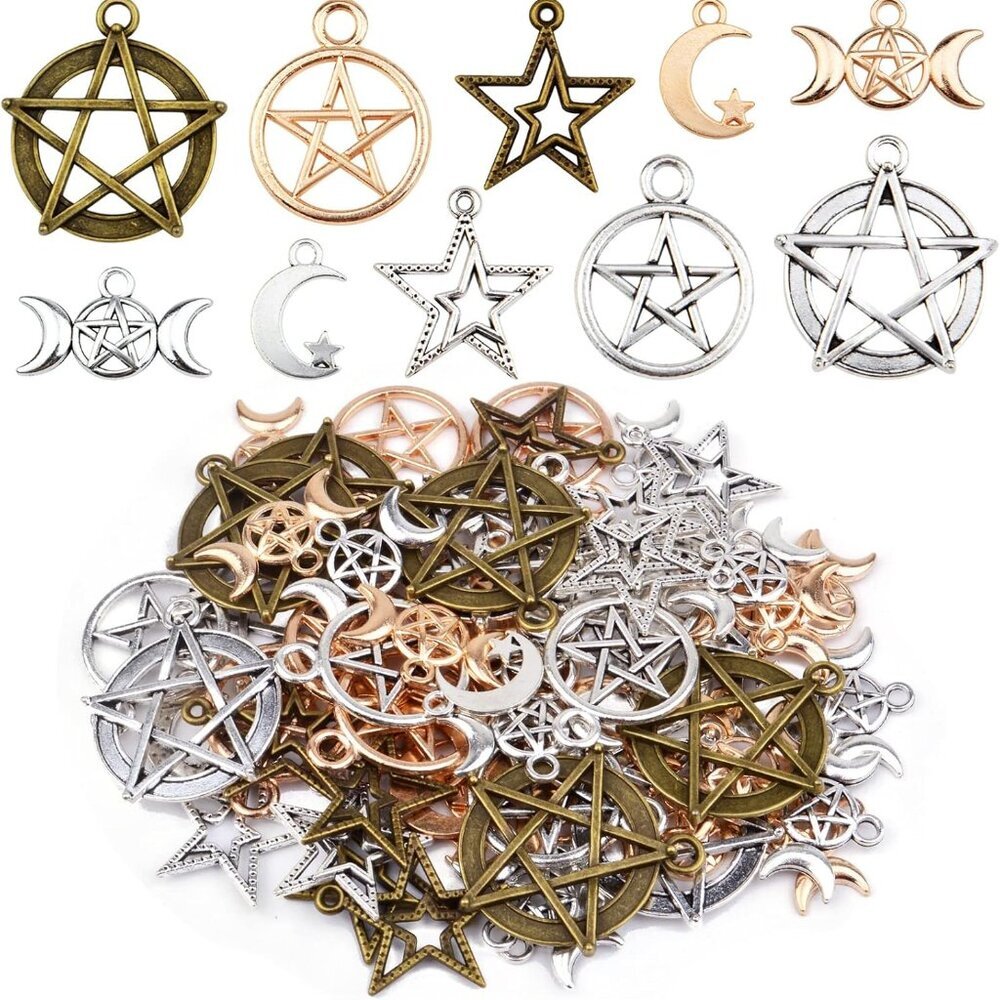 70pcs Mixed Pentacle Star Charms Moon Pentagram Witch Magic Pendants Vintage All